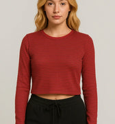 Striped Crop T-Shirt Long Sleeves For Women - Maroon - MEME