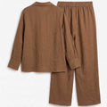 Brown co-ord set with collared button-up shirt and elastic-waist wide-leg pants.