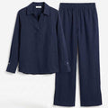 Navy collared long-sleeve shirt with elastic-waist wide-leg pants, matching set.