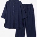 Navy tunic top and wide-leg pants co-ord set, round collar, laid flat