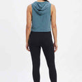 Teal sleeveless hoodie with hood and logo-free back; sleeveless pullover