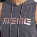 Women's dark grey sleeveless hoodie close-up, front graphic and hood drawstrings