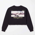 Women's cropped black sweatshirt with 'Thinking about you' graphic on front