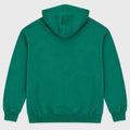 Green pullover hoodie with hood and long sleeves, back view.