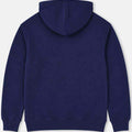 Men's navy pullover hoodie with hood and ribbed cuffs, plain back