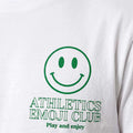 White T-shirt neckline and chest graphic with green smiley emoji face