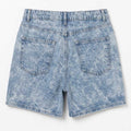 Light blue washed denim shorts, front and back pockets, belt loops, button closure