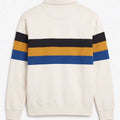 Cream crew sweatshirt back with black, blue, and orange horizontal stripes