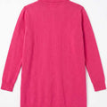 Women's long cardigan back view in medium magenta knit with ribbed collar