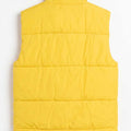 Yellow sleeveless puffer vest with quilted panels and high collar