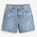 Light blue denim shorts with button-fly front, belt loops, and front pockets