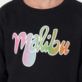 Black crew-neck sweatshirt with colorful Malibu wordmark