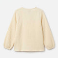 Girls ecru button-down blouse, back view, long balloon sleeves, round collar
