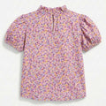 Purple printed blouse, short puff sleeves, keyhole back with tie