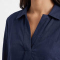 Navy button-front collared shirt, long sleeves; close-up of neckline and placket.