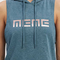 Teal sleeveless hoodie with front logo and adjustable drawstring hood