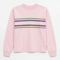 Women's pink sweatshirt with green purple yellow horizontal stripe band