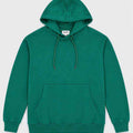 Green pullover hoodie with hood, drawstrings, and front kangaroo pocket.
