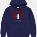 Men's navy pullover hoodie with red-and-white logo graphic and kangaroo pocket