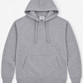 Men's grey hoodie front view with hood, drawstrings, and kangaroo pocket