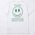 White men's T-shirt back print with green smiley emoji and Athletics Emoji Club