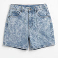 Light blue washed denim shorts with back pockets, belt loops, button front