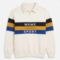 Cream collared zip sweatshirt with 'MEME' and 'SPORT' stripe logo