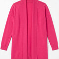 Women's long cardigan back view with vertical ribbed detail in medium magenta