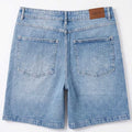 Light blue denim shorts with back patch pockets and stitched waistband