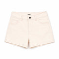 Women's ecru casual shorts flat lay, front button and side pockets