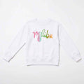 Girls' white crewneck sweatshirt with colorful Malibu logo, long sleeves