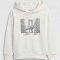 Boys' platinum hoodie front view with Brooklyn Way skyline graphic under the hood