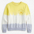 Tie-dye baby boys sweatshirt with sun graphic and text; yellow, white, and light blue.