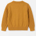 Gold yellow pointelle knit cardigan with ribbed hem and cuffs, long sleeves