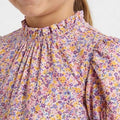 Purple floral printed blouse with smocked ruffle high neck and puff sleeve