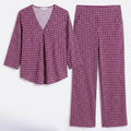 Maroon printed co-ord set: button-front top and matching wide-leg pants