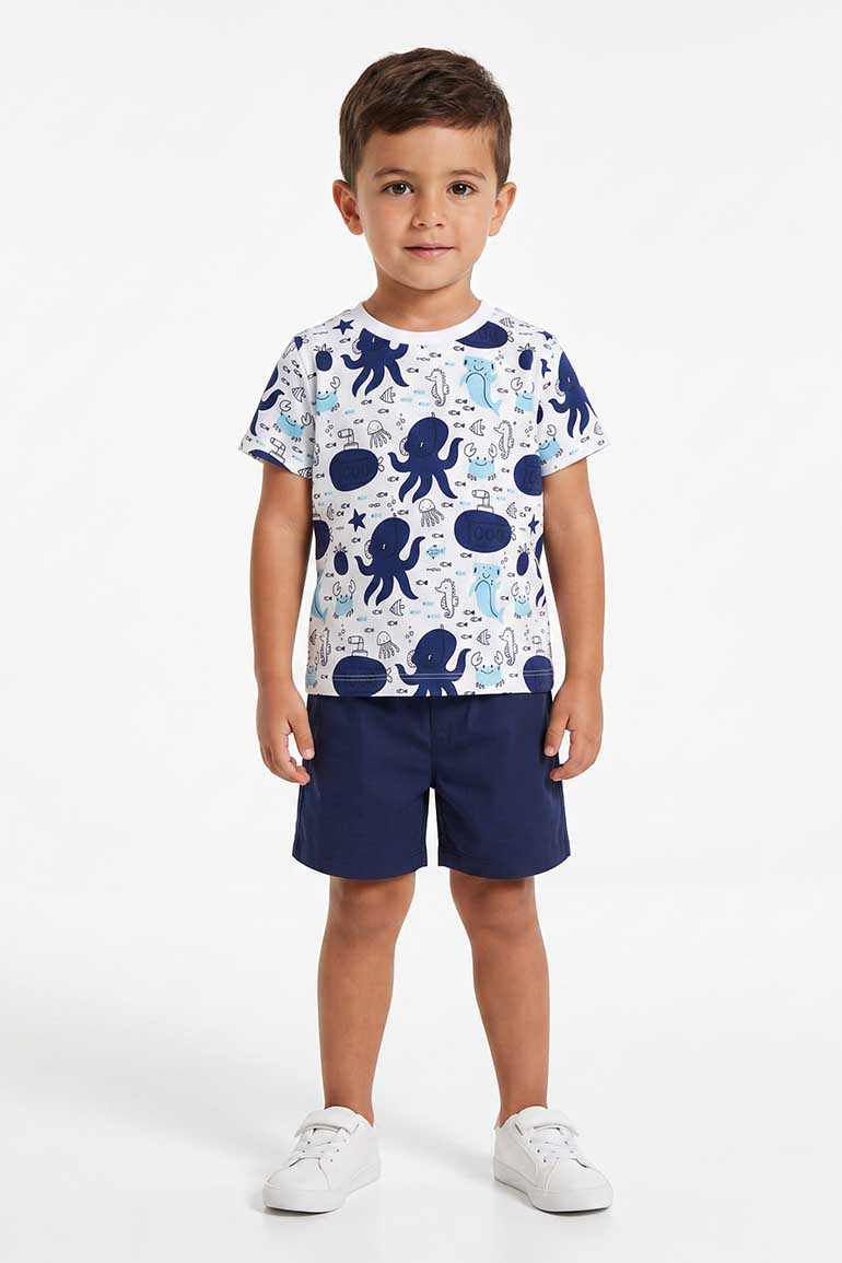 Baby boys graphic play set: white sea-creature tee with navy shorts