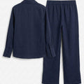 Navy long-sleeve shirt and wide-leg pants set, back view with elastic waistband.