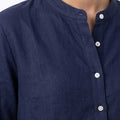 Navy button-front tunic top neckline with round collar and three-quarter sleeves