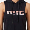 Black sleeveless hoodie with hood and drawstrings, large front logo print