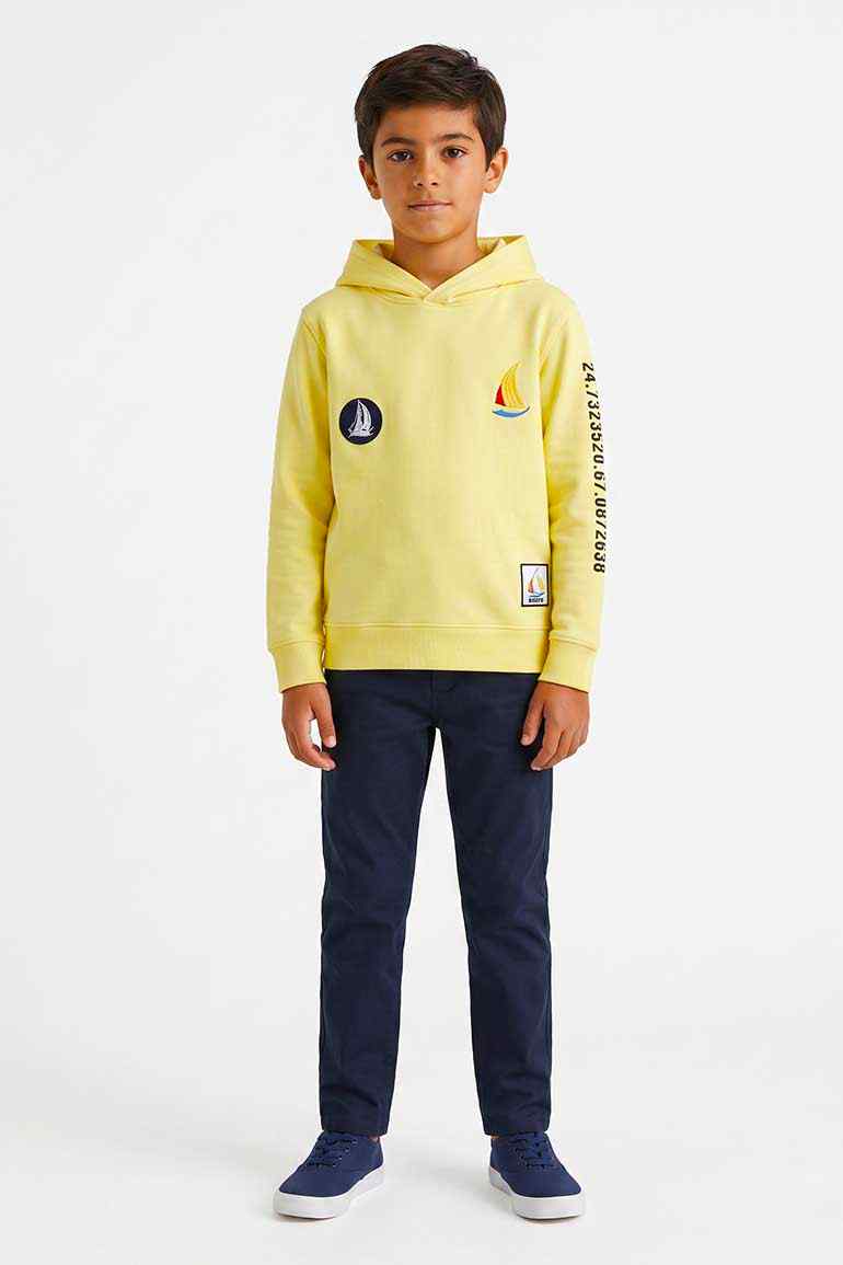 Boys yellow patchwork hoodie with hood, front graphic patch and kangaroo pocket