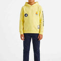 Boys yellow patchwork hoodie with hood, front graphic patch and kangaroo pocket