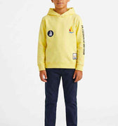 Boys yellow patchwork hoodie with hood, front graphic patch and kangaroo pocket