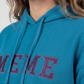 Teal hoodie with large embroidered MEME logo across chest and hood drawstrings