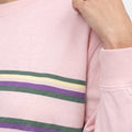 Pink sweatshirt neckline with striped band across chest, long cuff sleeves