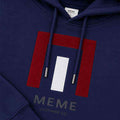Men's navy hoodie close-up with red frame logo panel and 'MEME' text
