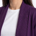 WomenÃ¢â‚¬â„¢s dark lavender cardigan neckline close-up with ribbed knit trim