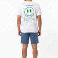 White men's T-shirt with green smiley emoji logo on the back