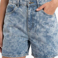Light blue washed denim shorts, button front, belt loops, front pocket close-up
