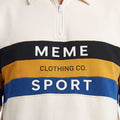 Cream quarter-zip sweatshirt with black/blue/orange stripe 'MEME SPORT' band